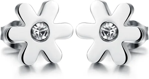 Aegean Jewelry - Aretes tipo dormilona de titanio de acero inoxidable con caja de regalo y un pequeño regalo gratis, Circonia cúbica