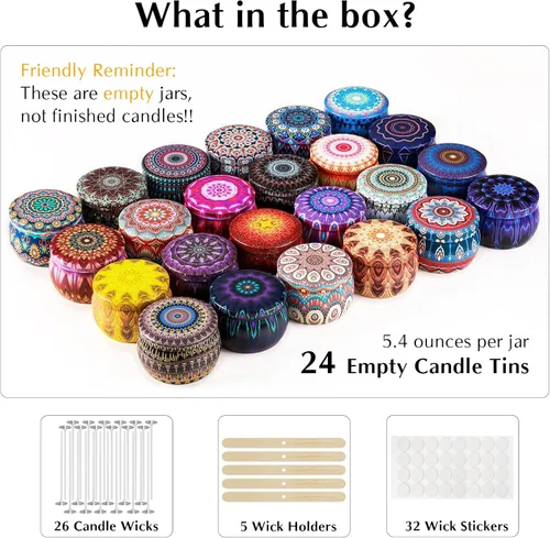 Miniatura 2 de Domivirgo 24 latas de velas vacías de 5.4 onzas con tapas, kit simple de fabricación de velas, incluye mechas, soportes y calcomanías, recipientes