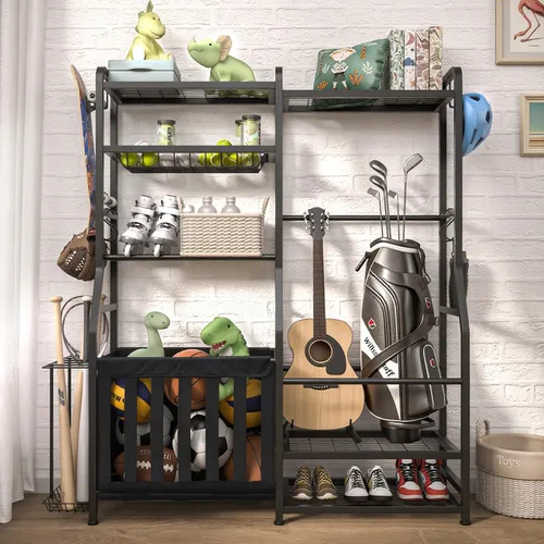 Miniatura 2 de Faesun Organizador de equipos deportivos de garaje, estante de almacenamiento para bolsas de golf, soporte de pelota resistente con cesta y ganchos