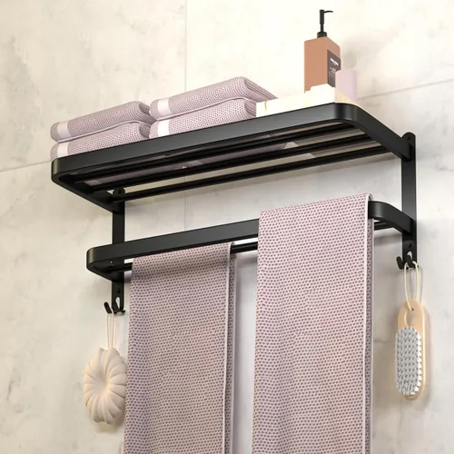 Toalleros Negros de 15 Pulgadas para Baño con Barras Dobles para Toallas, Soporte de Montaje en Pared de Lavabo con Ganchos, Estante de Baño de