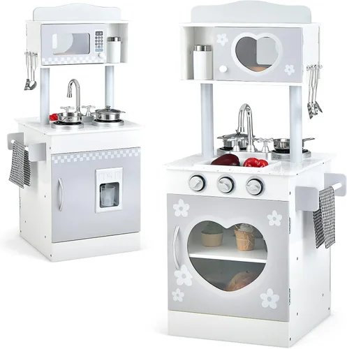 HONEY JOY Juego de cocina para niños, cocina de doble cara para niños pequeños, horno y fregadero, dispensador de cubitos de hielo, utensilios,