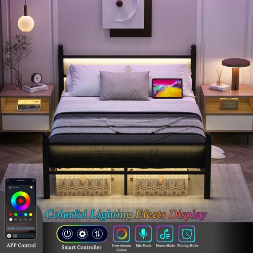 Miniatura 3 de Jenmit - Estructura de cama de tamaño completo con estación de carga y luces LED, estructura de cama de plataforma metálica con cabecera y pie