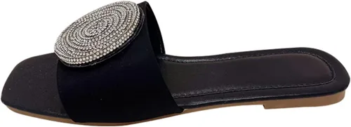 ORNVEION Sandalias planas cuadradas con diamantes de imitación para mujer, sandalias de playa con purpurina de satén de cristal, sandalias de playa