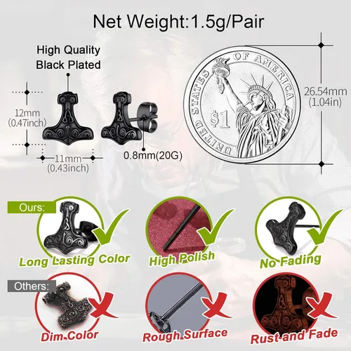 Miniatura 4 de FaithHeart Norse Vikingo Jewelry - Aretes de tuerca de plata de ley de acero inoxidable, lobo celtamartillo de Thors para mujeres y hombres, Acero