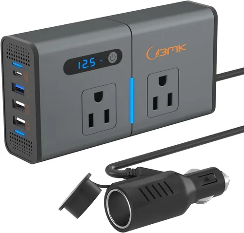 BMK 200W Inversor de corriente para automóvil Nuevo adaptador de toma de corriente con USB DC 12V a 110V, cargador de automóvil con USB 1.2A y 2.4A,