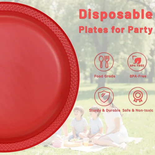 Miniatura 6 de WELLIFE Platos de plástico rojos de 7 pulgadas, 50 platos desechables para fiesta, día de la madre, plato pequeño de postre para cena, pasteles