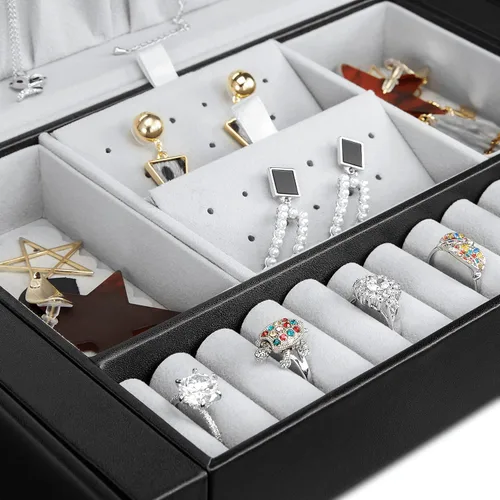 Miniatura 2 de GUKA Joyero para mujer joyero con 2 cajones diseño de cuero con cerradura con espejo estuche de viaje para collares aretes anillos relojes estuche