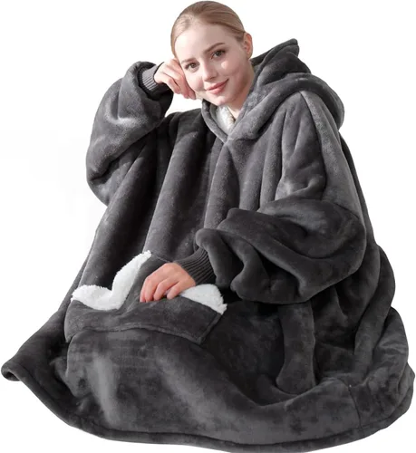 Touchat - Manta con capucha portátil, sudadera con capucha de forro polar sherpa de gran tamaño con bolsillo gigante y mangas para adulto, regalo de