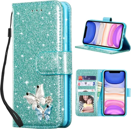 Miniatura 17 de UEEBAI Funda tipo cartera para iPhone 11, funda de piel sintética con purpurina para teléfono, ranuras para tarjetas, funda con función atril