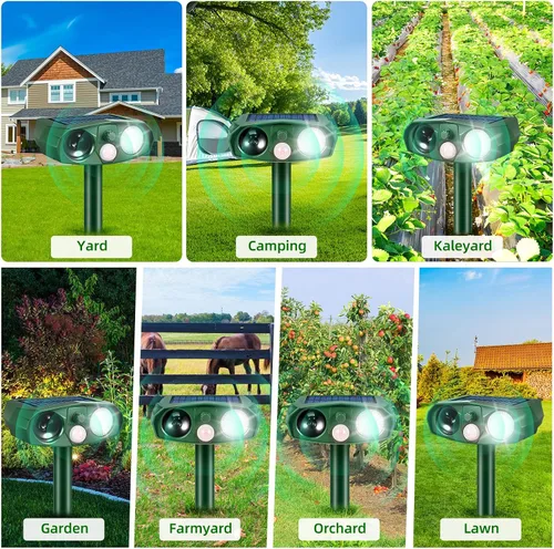 Miniatura 9 de Repelente solar de animales para exteriores, disuasorio ultrasónico de jardín con sensor de movimiento para gatos, ardillas y roedores, estaca