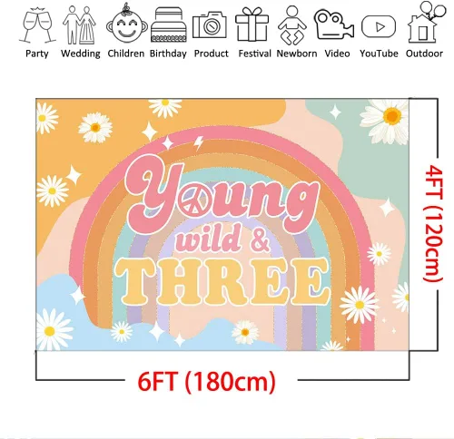 Miniatura 4 de Mocsicka Groovy Three - Fondo de 3 con texto en inglés "Young Wlid and Three Boho Rainbow Girls" para cumpleaños de tercer cumpleaños, diseño