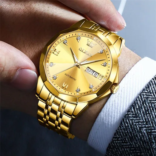 Miniatura 25 de OLEVS Reloj de pulsera automático con diseño de esqueleto para hombre, de lujo, con diamantes de lujo, de acero inoxidable, calendario, reloj