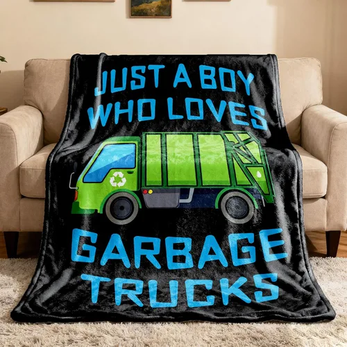Manta de camión de basura con texto en inglés "Boy Who Loves Garbage" para niños y hombres, manta de franela para regalo, manta de franela acogedora