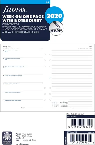 Miniatura 7 de Filofax Calendario de recambio de diario, tamaño A5, semana en una página con notas, libro blanco, multilingüe: cinco idiomas, 2024 (C68509-24)