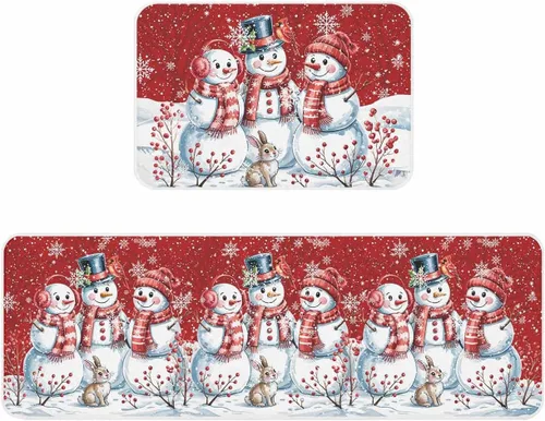 Miniatura 19 de Prime Leader Juego de 2 tapetes de cocina con diseño de muñeco de nieve de Navidad, copos de nieve, azul marino, antideslizantes, tapetes lavables