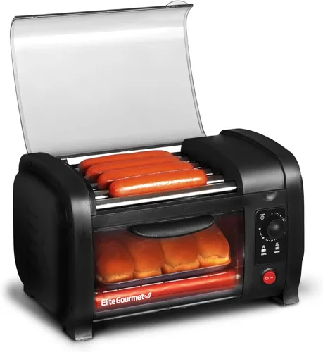 Elite Gourmet EHD-051B Hot Dog Toaster Oven, 30-Min Timer, Stainless Steel Heat Rollers Bake & Crumb Tray, World Series Baseball, 4 Bun Capacity,