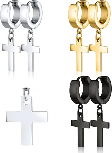 Aretes de cruz para Hombre, 3 pares, aretes de cruz para hombre, aretes de cruz para mujer, aretes para mujer, aretes de acero inoxidable, Aritos de