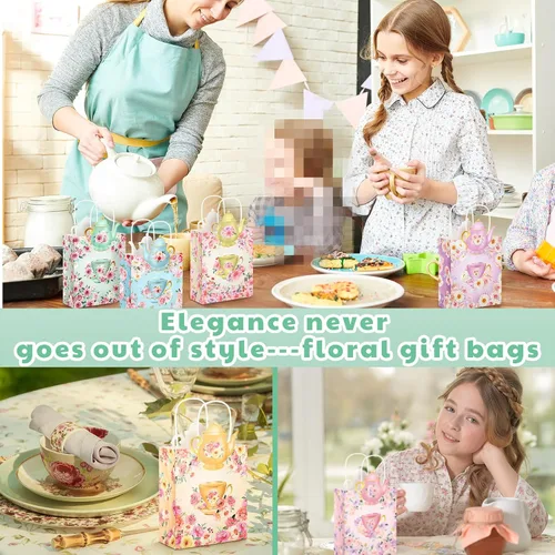 Miniatura 6 de Lincia Paquete de 24 bolsas de regalo de fiesta de té, decoraciones de tazas de té, bolsas florales para golosinas con asas y diseño de tetera