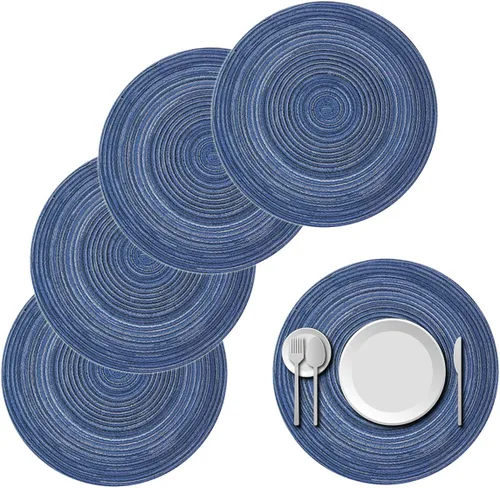 Miniatura 9 de Juego de 4 manteles individuales redondos trenzados de 15 pulgadas, manteles individuales lavables para mesa de cocina, bodas, fiestas (negro y gris)