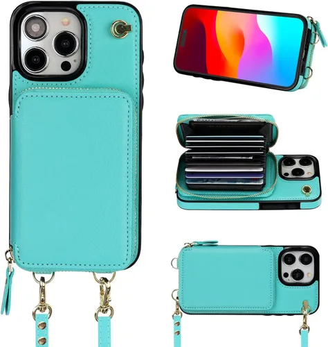Miniatura 11 de Bocasal Funda tipo cartera cruzada para iPhone 15 Pro Max, funda de piel con bloqueo RFID y soporte para tarjetas, funda protectora con cremallera