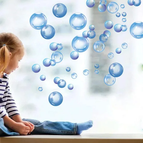 Calcomanía transparente de pared de burbujas recortadas para niños, decoración de fiesta de cumpleaños bajo el mar, color azul y blanco, decoración
