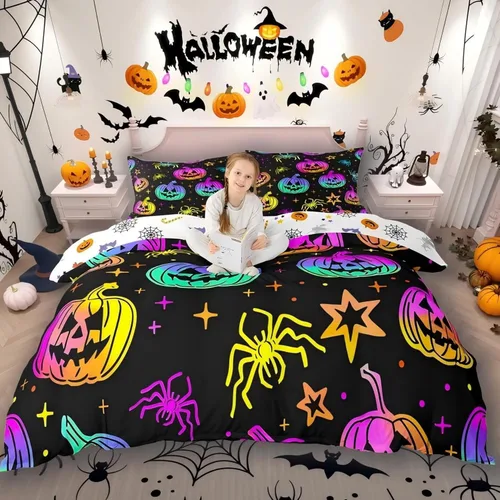 Miniatura 22 de Juego de ropa de cama de Halloween, funda de edredón gótica de murciélagos negros con telarañas, funda de edredón individual, diseño de arañas