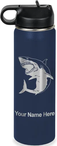 Miniatura 49 de LaserGram Botella de agua personalizada, gran tiburón blanco, acero inoxidable de doble pared aislada al vacío con popote superior, regalo grabado