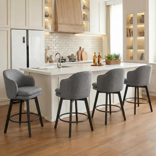 Miniatura 11 de Taburetes de Bar de Altura de Mostrador de 26 pulgadas Tapizados Giratorios con Respaldo y Patas de Madera para Isla de Cocina, Juego de 2, Tela