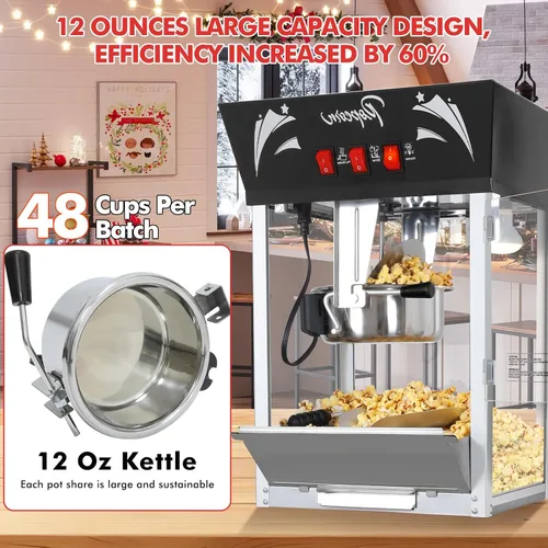 Miniatura 4 de Máquina de hacer palomitas, hervidor de 12 onzas de acero inoxidable, máquina comercial de palomitas con vidrio templado, bandeja de calentamiento