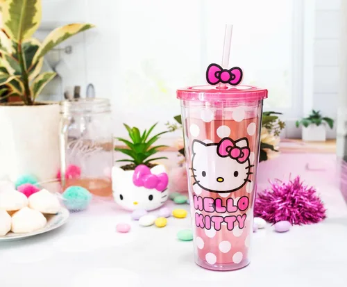 Miniatura 4 de Silver Buffalo Sanrio Hello Kitty Bow Pink Polka Dots - Vaso frío de plástico con tapa y tapa con pajita, 24 onzas Lazo Hello Kitty y lunares rosados