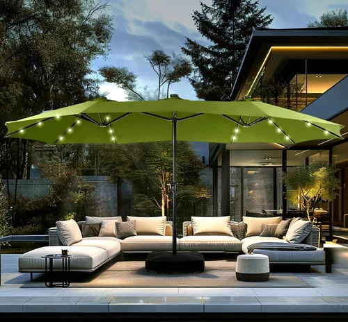 Miniatura 23 de PHI VILLA Sombrilla de patio grande de 15 pies con base y luces solares, paraguas rectangular de doble cara para exteriores con 36 luces LED, Beige