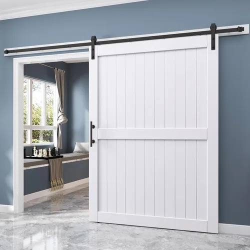 Miniatura 11 de EaseLife - Puerta de granero de 48 x 84 pulgadas en blanco con kit de herrajes deslizantes de 8 pies incluido y manija, madera maciza cubierta