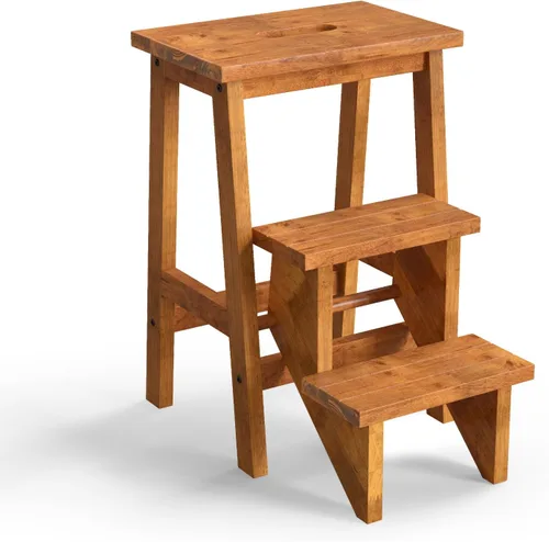 Miniatura 14 de Giantex Escalera plegable de 3 niveles, taburete de madera multifuncional 3 en 1, escalera de exhibición y estante de almacenamiento para Marrón