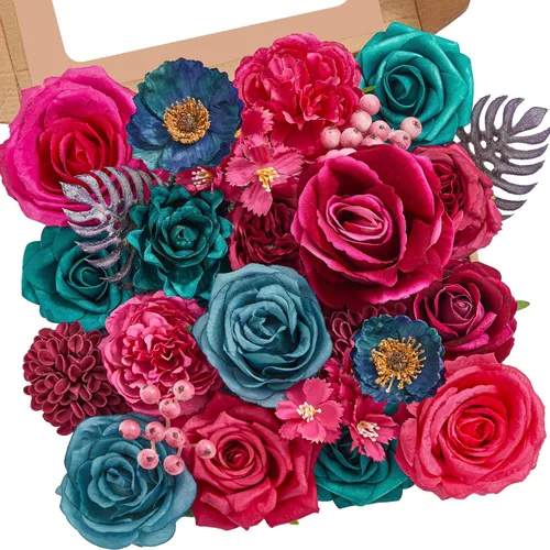 Miniatura 20 de Serwalin Flores de seda, flores artificiales burdeos para decoración de boda, rosas falsas rosas rosas y rojas con tallos y caja de vegetación, A