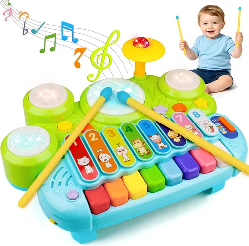Juguetes Musicales para Bebés 3 en 1 Piano Teclado Xilófono Juego de Tambores para Niñas y Niños de 1 Año Juguetes Edad 2 Años Instrumento Musical