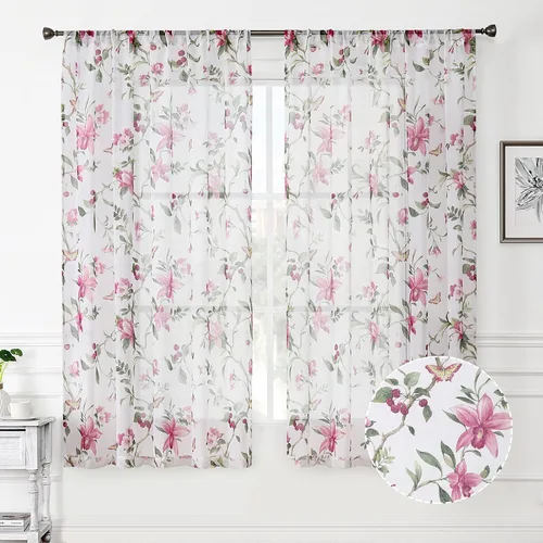 Miniatura 9 de Tollpiz Cortinas cortas y traslúcidas con estampado de mariposas y cerezo gris, media cortina con bolsillo para barra de cocina, cortinas