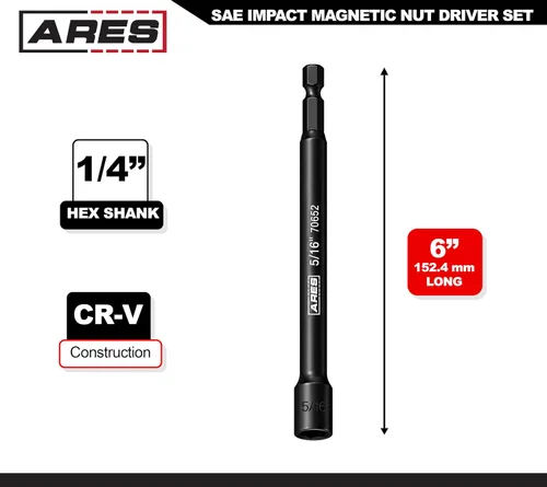 Miniatura 2 de ARES 70652-5/16 pulgadas Destornillador Magnético de Tuercas de Impacto - Colocador de Tuercas Grado Impacto con Imán de Resistencia Industrial