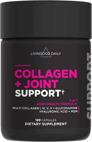 Livingood Daily Colágeno + apoyo articular, péptidos de colágeno múltiple alimentado con pasto I III V X con ácido hialurónico, suplemento de apoyo