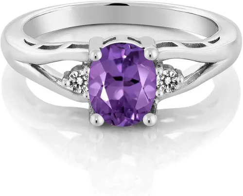 Miniatura 2 de Gem Stone King Anillo de plata de ley 925 con amatista y diamante blanco de 3 piedras para mujer 116 quilates piedra natal ovalada disponible