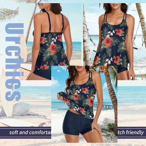 Miniatura 2 de Urchics - Traje de baño 2023, para mujer, tankini de dos piezas, con control de abdomen, camiseta fluida sin mangas, con short