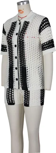 Miniatura 4 de Women 2 Piece Outfits Tracksuit Crochet Knit Short Sets Summer Short Sleeve Button Down Shirt and Shorts Set Sweatsuits