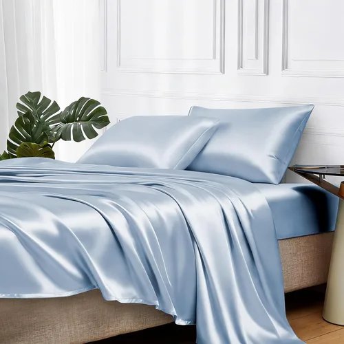 Miniatura 60 de MR&HM Sábanas de satén para cama de tamaño King, juego de 4 piezas de ropa de cama sedosa con bolsillo profundo de 15 pulgadas para colchón