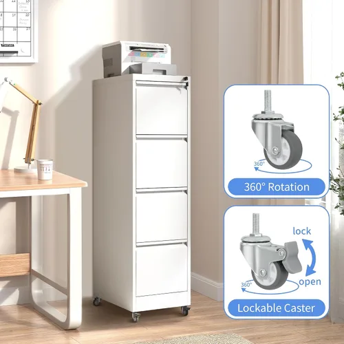 Miniatura 6 de Archivador de 4 cajones con ruedas, archivador de metal con cerradura y ruedas, almacenamiento rodante para oficina en casa, archivadores verticales