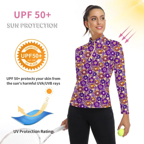 Miniatura 102 de WOWENY Camiseta deportiva de manga larga para mujer, con cremallera de un cuarto, cuello para entrenamiento, camiseta de tenis con estampado