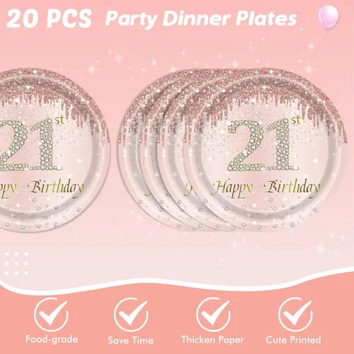 Miniatura 4 de 62 piezas de decoraciones de cumpleaños número 21 para niñas y ella, suministros de fiesta de cumpleaños de oro rosa incluyen 40 platos, 20