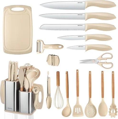 RAXCO - Juego de utensilios de cocina y cuchillos, 18 piezas, Khiki | Food-grade Silicone Utensils Heat-resistant to 410°F,5-Piece Stainless Steel