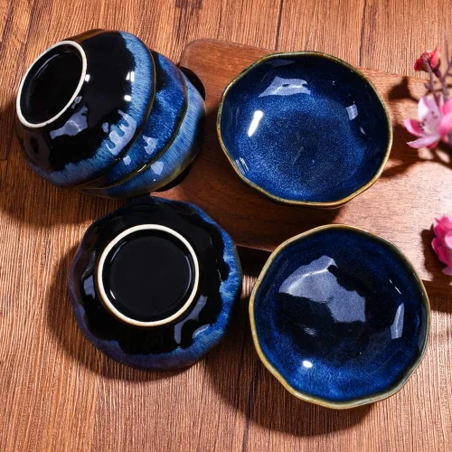 Miniatura 8 de Juego de 6 platos de cerámica para salsa de soja para condimentos de sushi (horno azul)