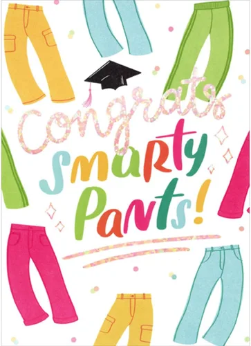 Designer Greetings Congrats Smarty Pants - Pantalones coloridos y pequeños puntos en blanco, tarjeta de felicitación de graduación de secundaria
