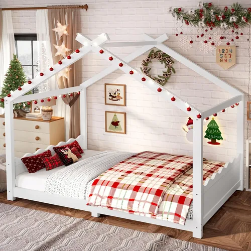 Miniatura 17 de Camas de madera Montessori tamaño individual, cama de plataforma para niños con cabecero y estribo, cama de tienda de campaña, no necesita somier