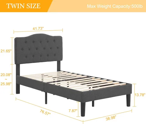 Miniatura 2 de VECELO Armazón de Cama Tamaño Individual Plataforma Tapizada con Cabecera Ajustable Acolchada/Base de Colchón con Soporte de Listones de Madera, Gris